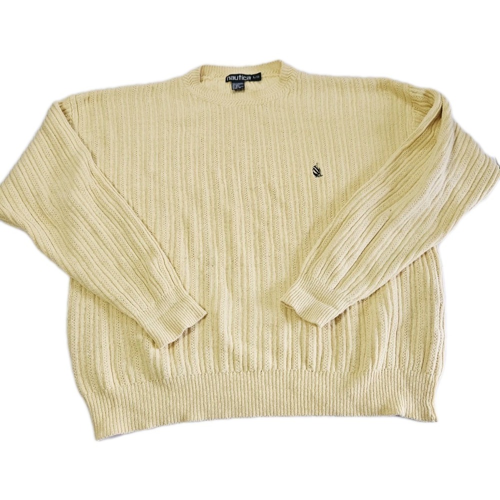 Vintage Nautica Mens Yellow Knit Crew Neck Sweater Size Large Pullover